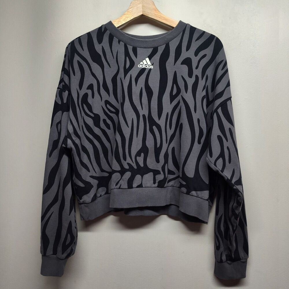Adidas Cropped Sweatshirt Women L Gray Black Zebra Athleisure Sporty Activewear